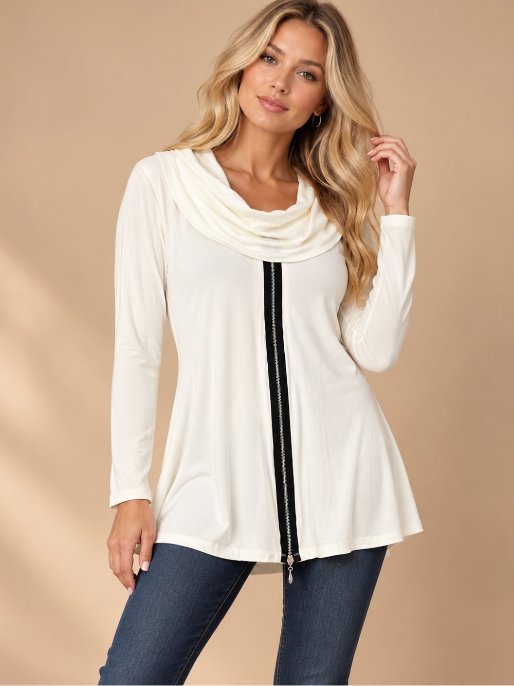 Last Tango Ivory Cowl Neck Black Zip Front Long Sleeve Tunic L